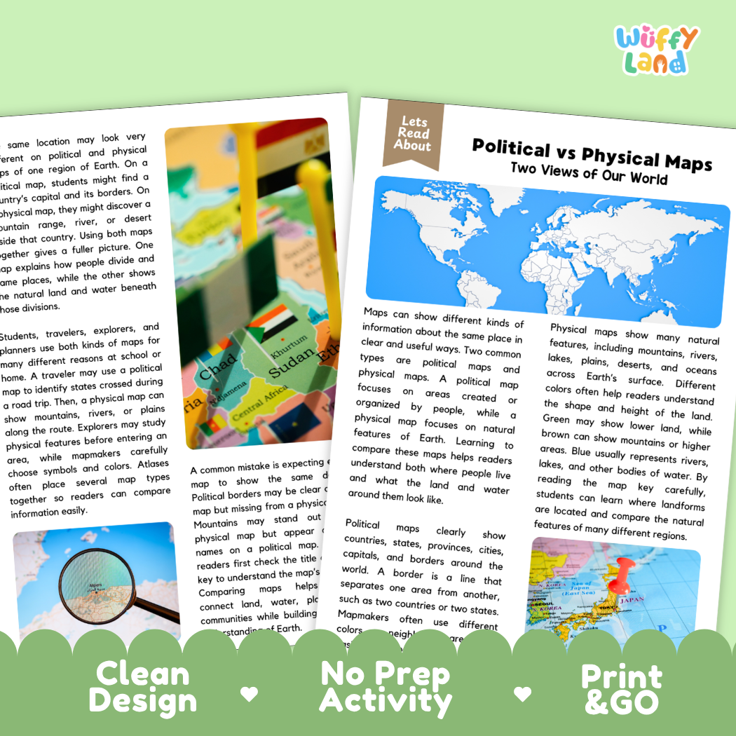 Teacher answer key page showing complete question solutions for Political vs Physical Maps geography reading comprehension practice