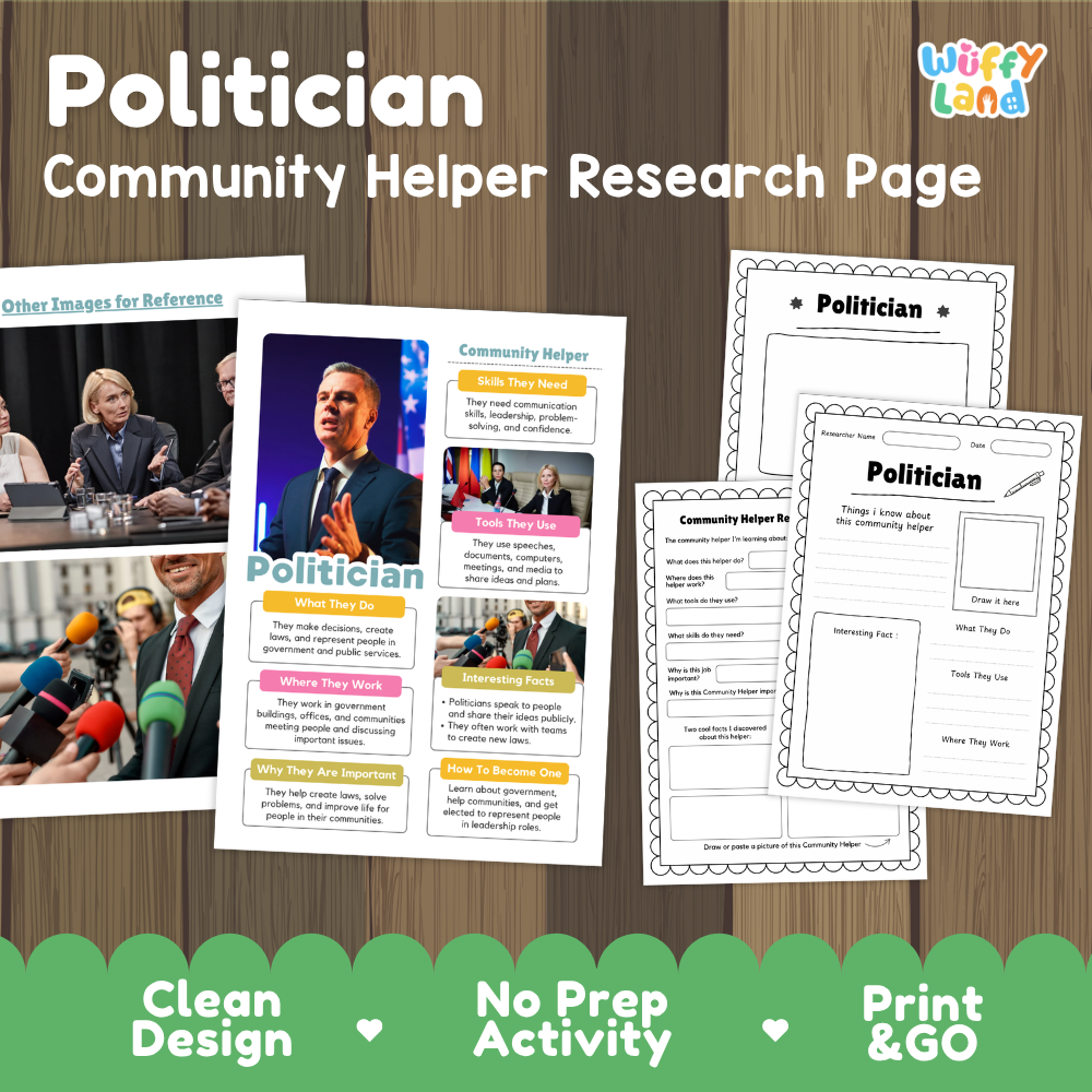 Politician community helper research page writing worksheets pack featuring real photos and student activity pages for elementary social studies