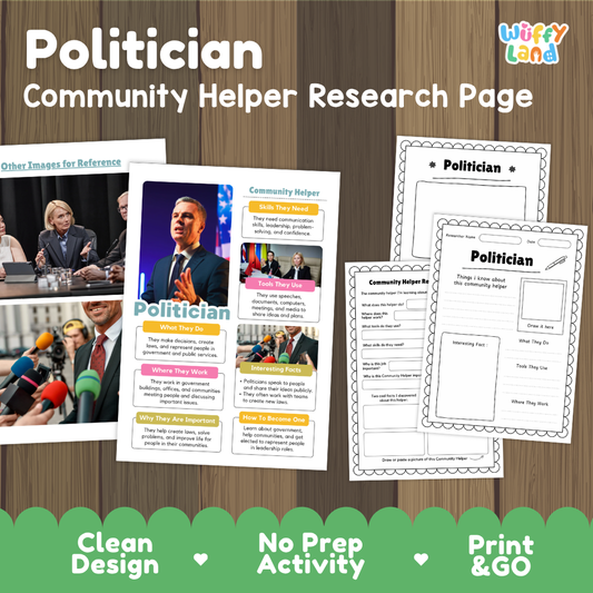 Politician community helper research page writing worksheets pack featuring real photos and student activity pages for elementary social studies