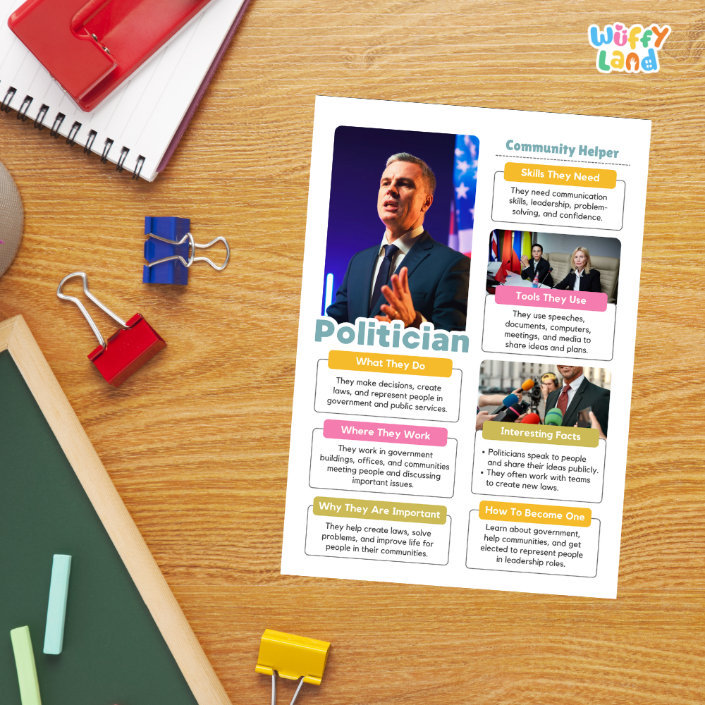 Guided student writing worksheets with lined sections for recording facts and a dedicated box for drawing or pasting a picture of a politician