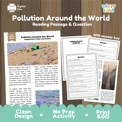 Pollution Around the World reading comprehension passage and questions printable activity pack with answer key for elementary students