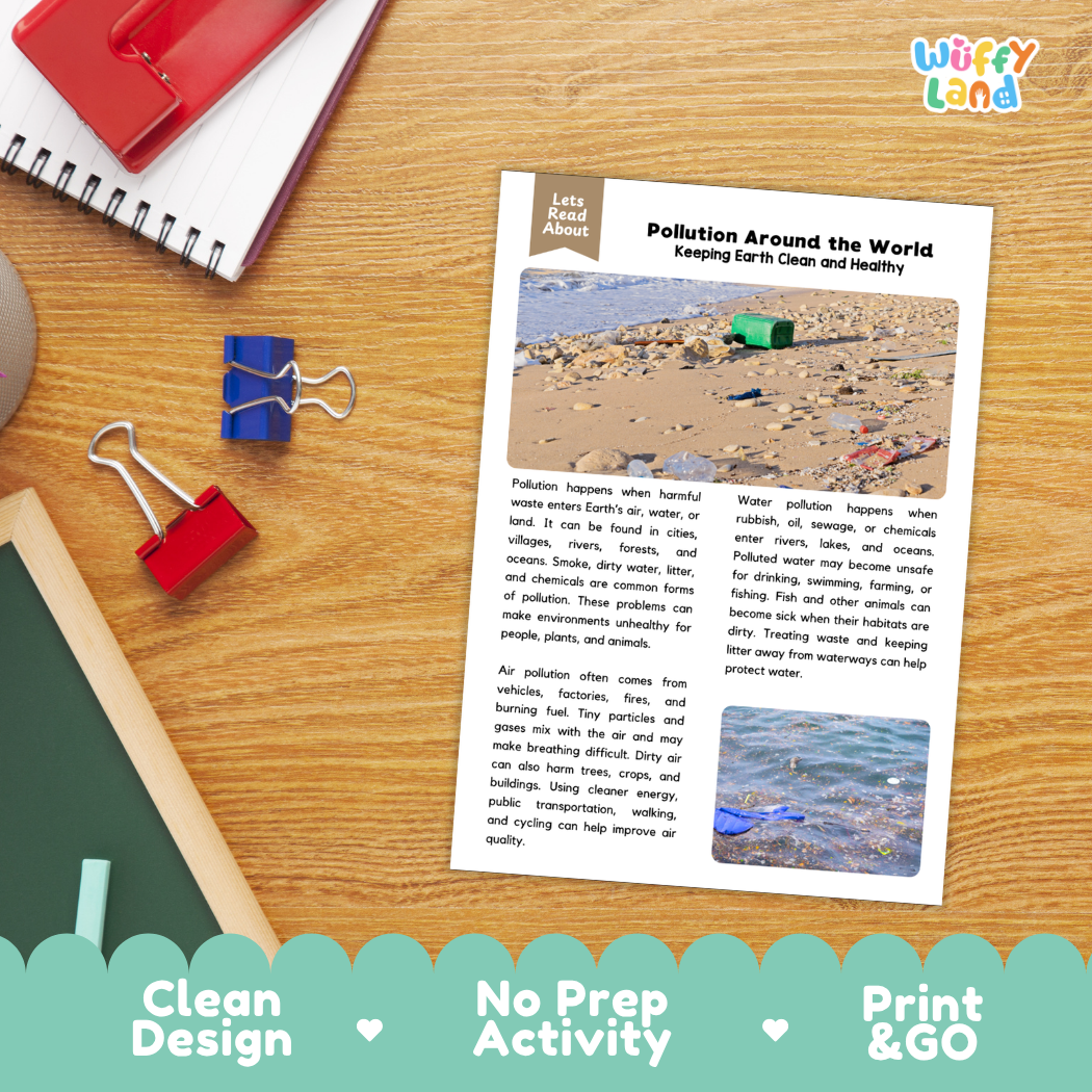 Student reading comprehension worksheet with short-answer questions and lined sections about pollution around the world