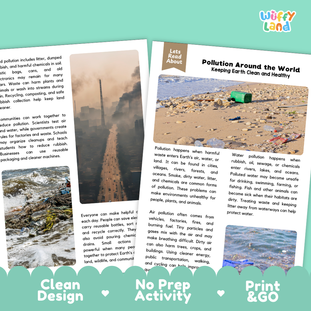 Teacher answer key page showing complete question solutions for Pollution Around the World environmental science reading comprehension practice