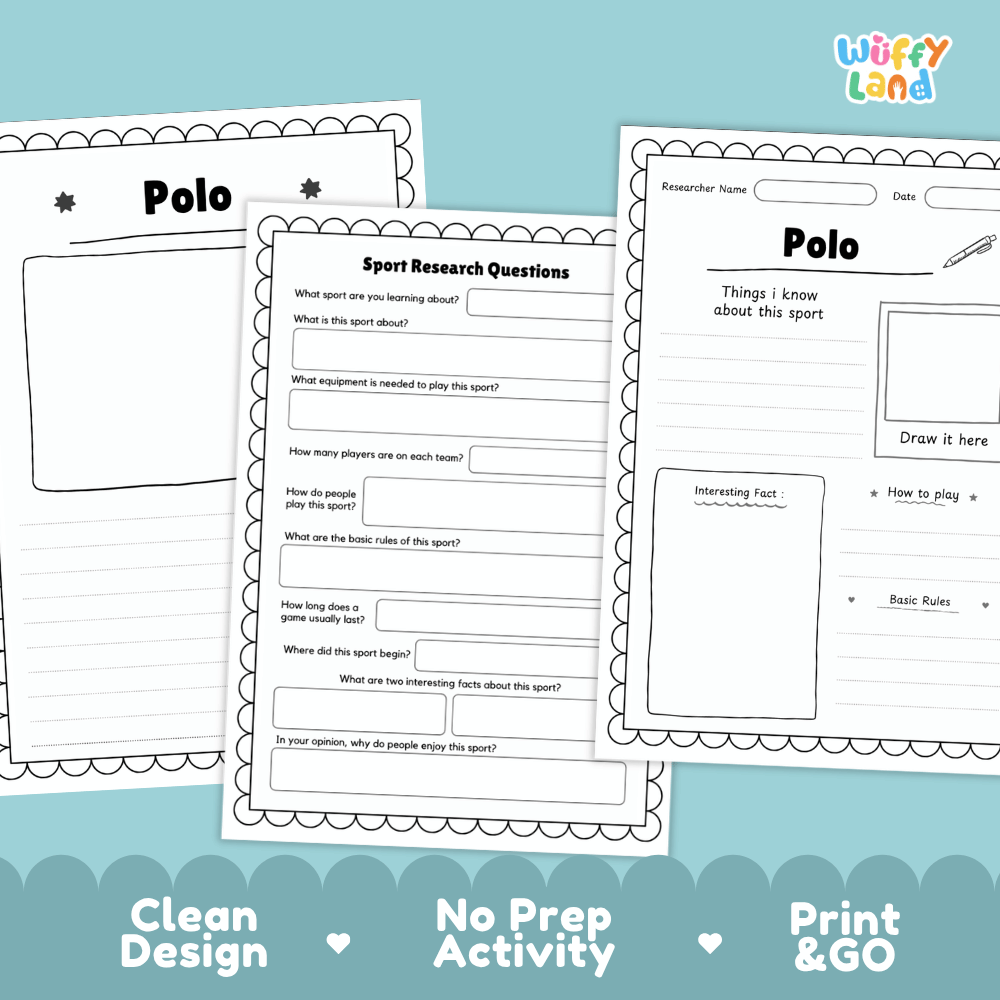Three printable worksheet pages for a Polo sport activity are shown on a light blue background with the text 'Clean Design', 'No Prep Activity', and 'Print & GO'. The worksheets are black and white with lined writing areas, boxes, and short instructions.