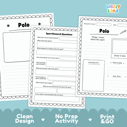 Three printable worksheet pages for a Polo sport activity are shown on a light blue background with the text 'Clean Design', 'No Prep Activity', and 'Print & GO'. The worksheets are black and white with lined writing areas, boxes, and short instructions.