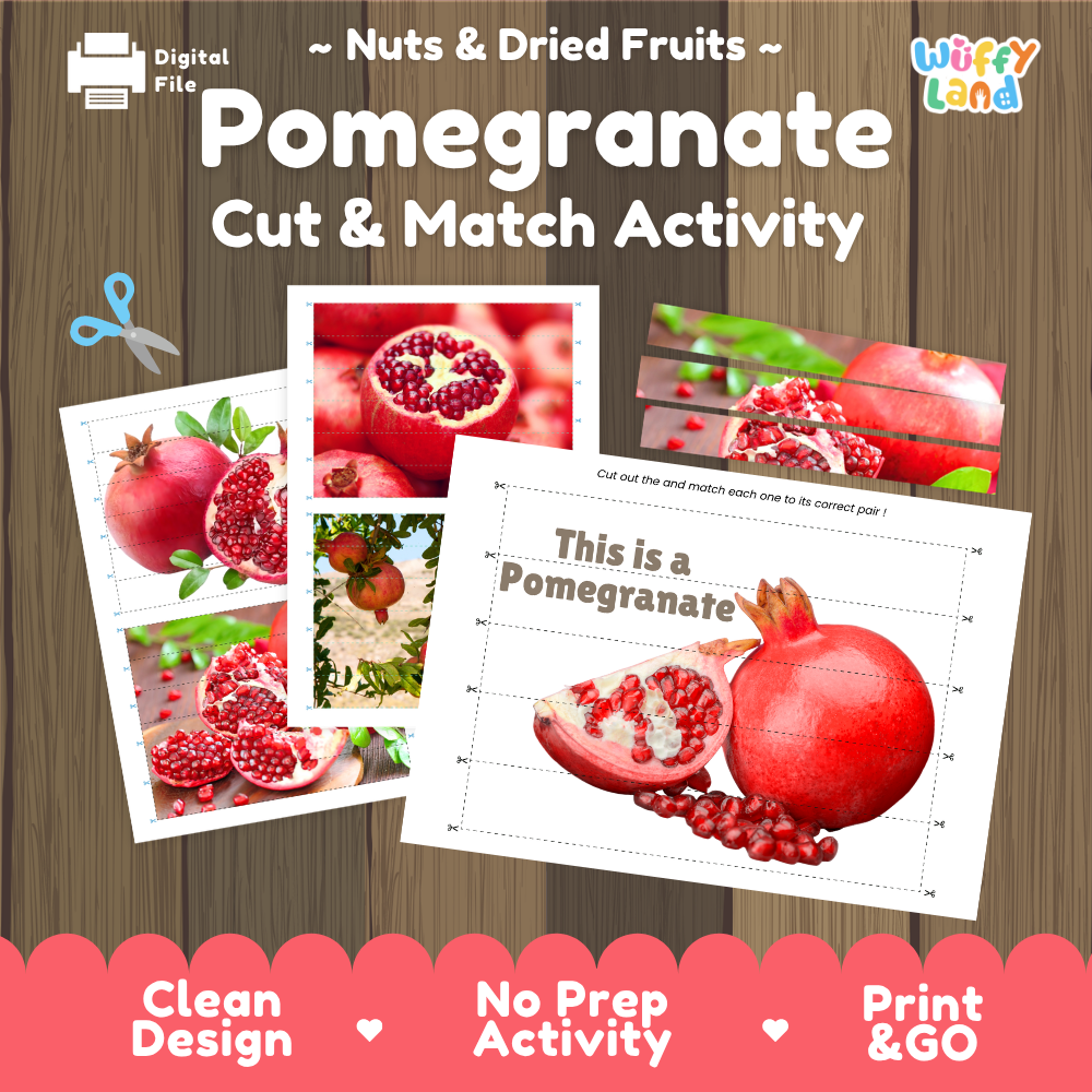 Pomegranate cut and match activity cover showing printable fine motor puzzle sheets and fruit photographs