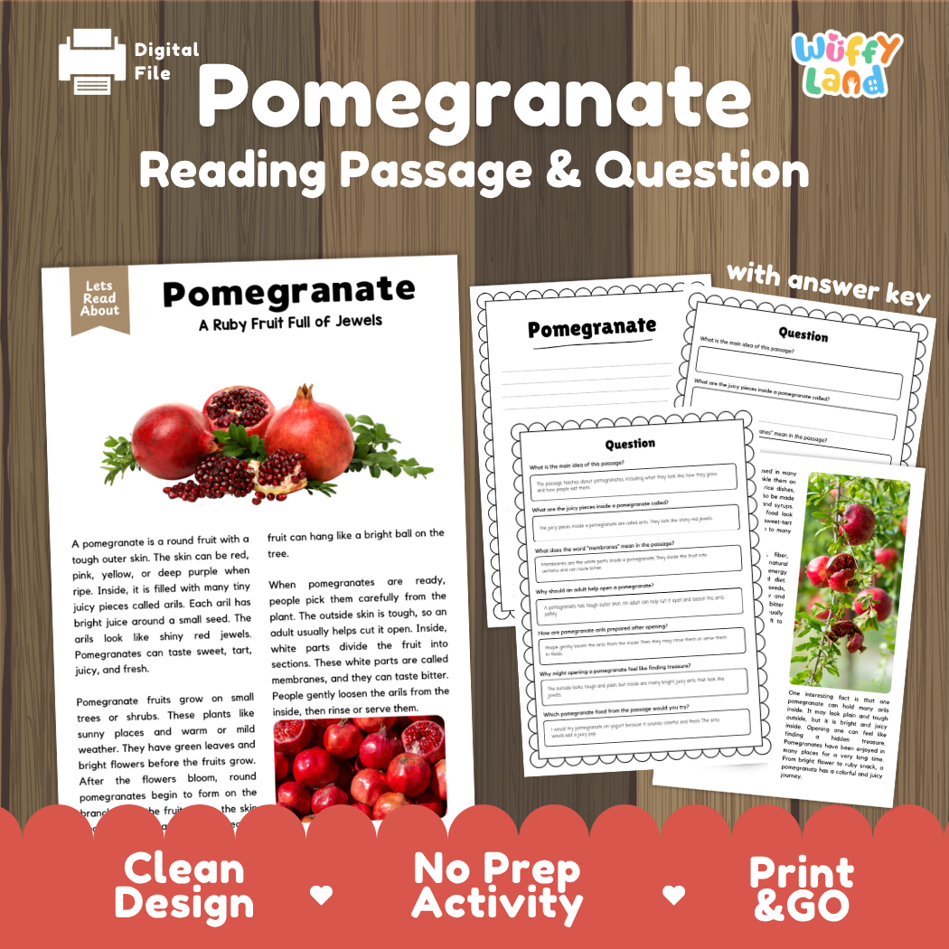 Pomegranate reading comprehension passage and questions printable activity pack with answer key for elementary students