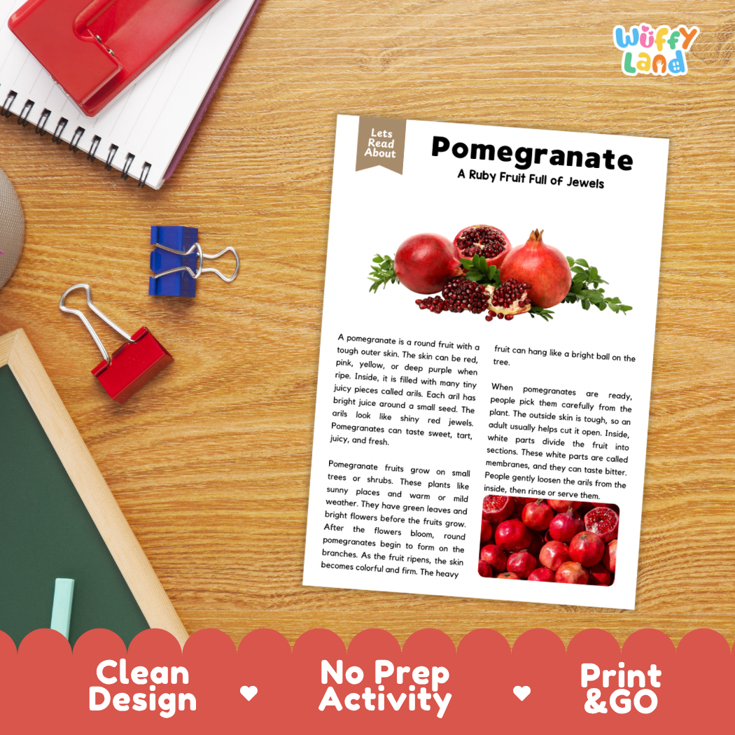 Student reading comprehension worksheet with short-answer questions and lined sections about the pomegranate fruit