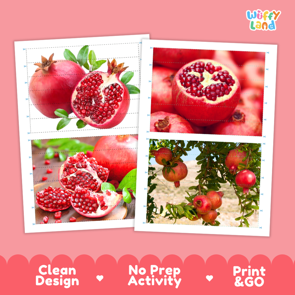 Printable activity sheets featuring photographic pomegranate puzzle boards and cutting guides