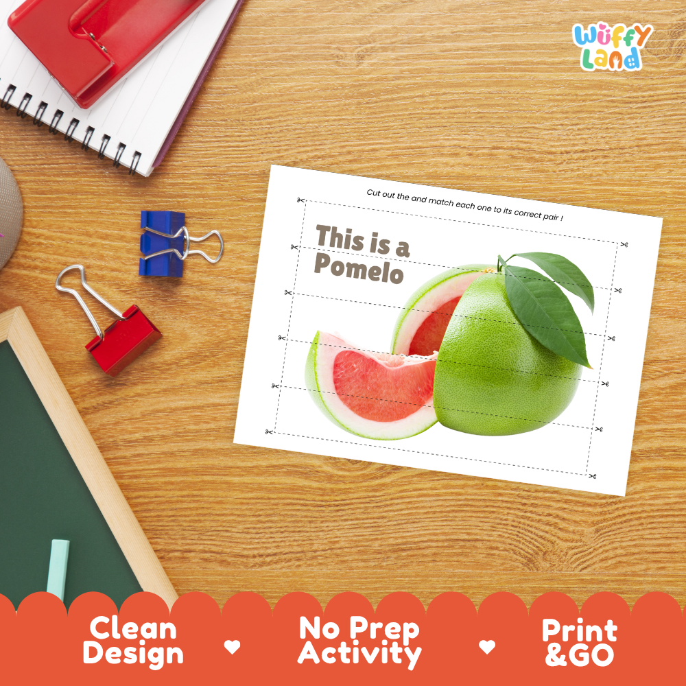 Close-up of puzzle worksheet showing pomelo images and dotted scissor lines