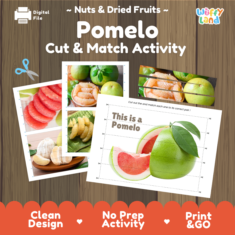 Pomelo cut and match activity cover showing printable fine motor puzzle sheets and citrus photographs