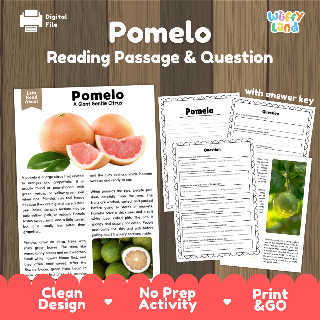 Pomelo reading comprehension passage and questions printable activity pack with answer key for elementary students