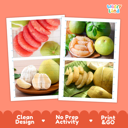 Printable activity sheets featuring photographic pomelo puzzle boards and cutting guides