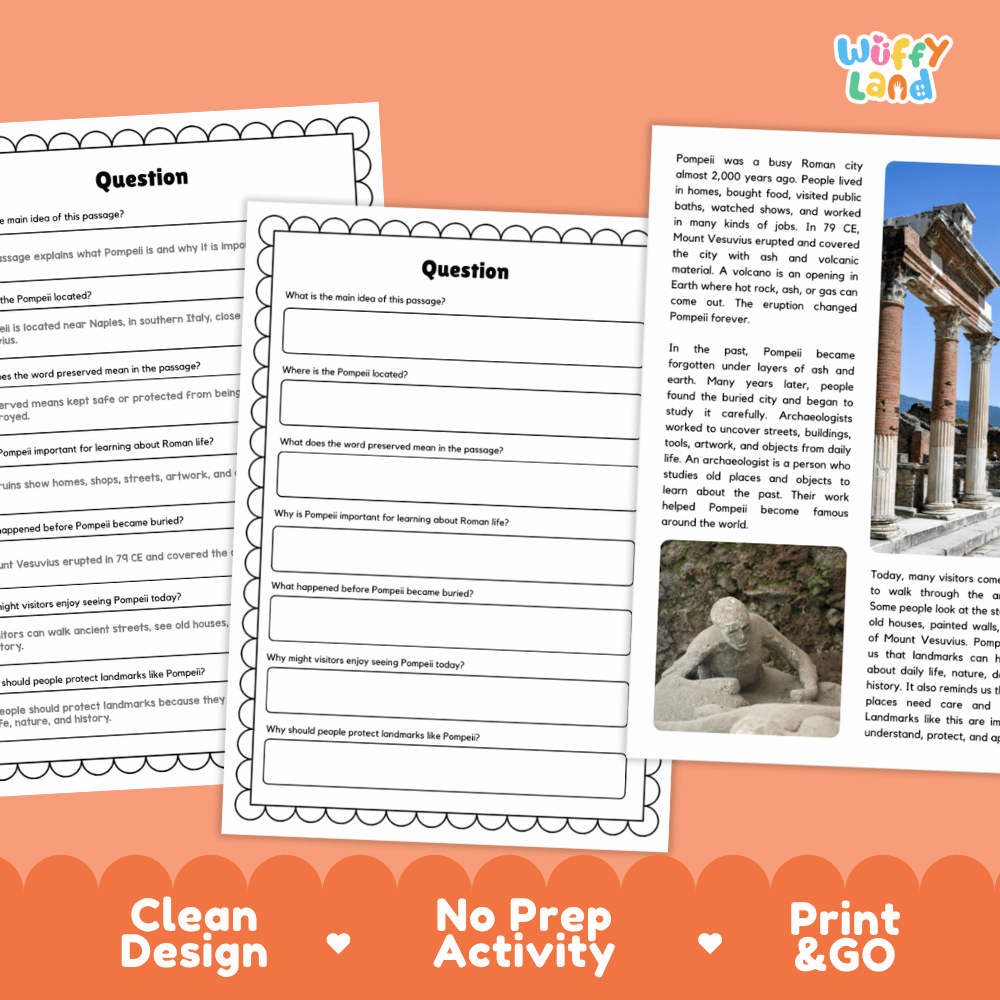 Student reading passage titled An Ancient City Frozen in Time detailing Pompeii history Mount Vesuvius eruption and Roman city photography