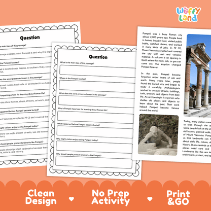 Student reading passage titled An Ancient City Frozen in Time detailing Pompeii history Mount Vesuvius eruption and Roman city photography
