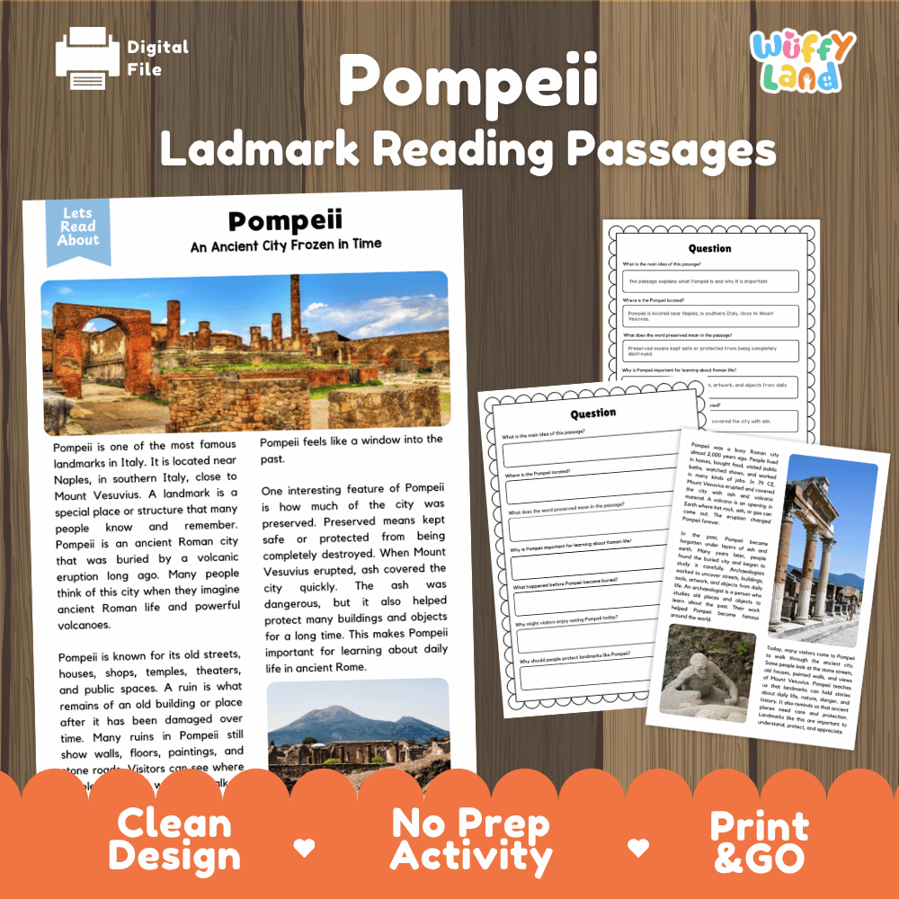 Pompeii landmark reading passages educational study unit featuring nonfiction reading worksheets and authentic ancient Roman ruins photography