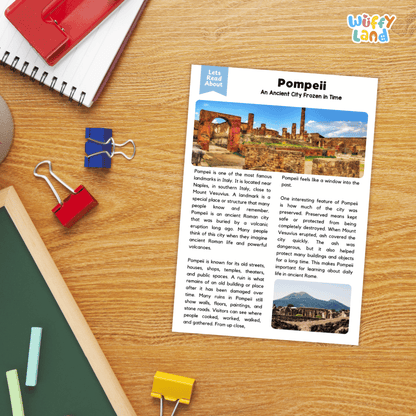 Lined reading comprehension question worksheet covering main ideas vocabulary terms and landmark facts about Pompeii