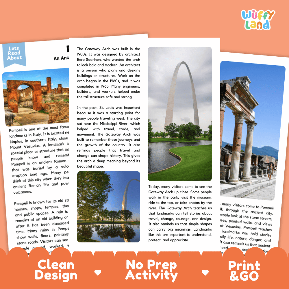 Reference sheet and answer key for Pompeii landmark reading passage displaying completed comprehension answers and ancient Roman history facts