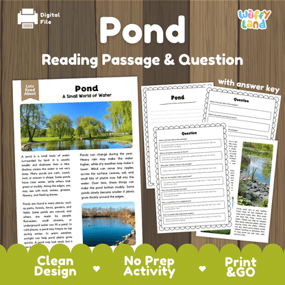 Digital reading activity sheet set titled 'Pond Reading Passage & Question' on a wood background, showing a sample passage page, worksheet pages with answer key, and promotional text including 'Clean Design', 'No Prep Activity', and 'Print & GO'.