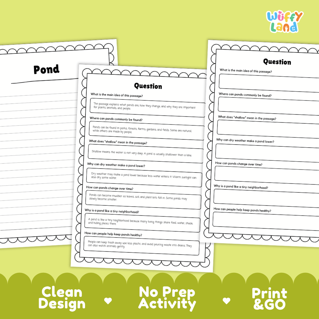 Three printable worksheet pages about ponds are shown on a light gray background with decorative green and yellow banners. The pages are labeled 'Pond' and 'Question' with fill-in activity text.