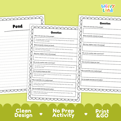 Three printable worksheet pages about ponds are shown on a light gray background with decorative green and yellow banners. The pages are labeled 'Pond' and 'Question' with fill-in activity text.