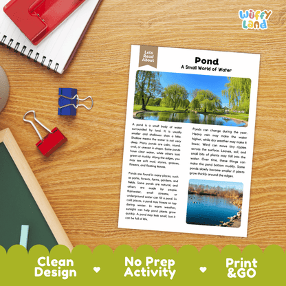 An educational activity sheet titled 'Pond: A Small World of Water' by Willy Land, displayed on a wooden desk with a spiral notebook, binder clips, and a red folder. The sheet features text and two watercolor pond illustrations.