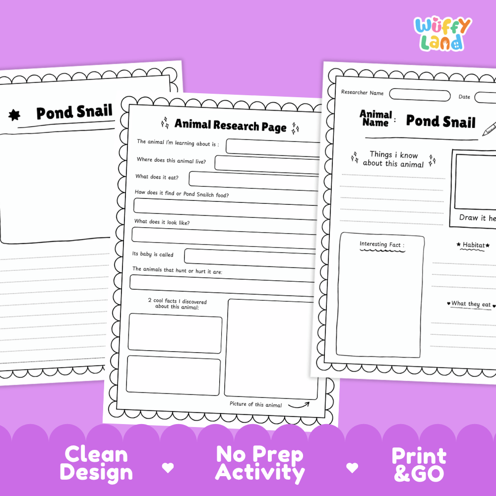 Pond Snail Animal Research Worksheets and Informational Fact Sheets