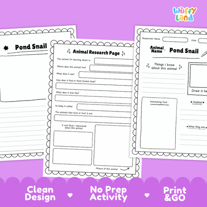 Pond Snail Animal Research Worksheets and Informational Fact Sheets