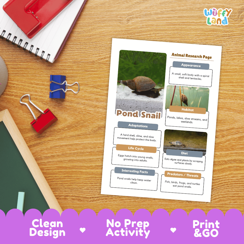 Pond Snail Animal Research Worksheets and Informational Fact Sheets