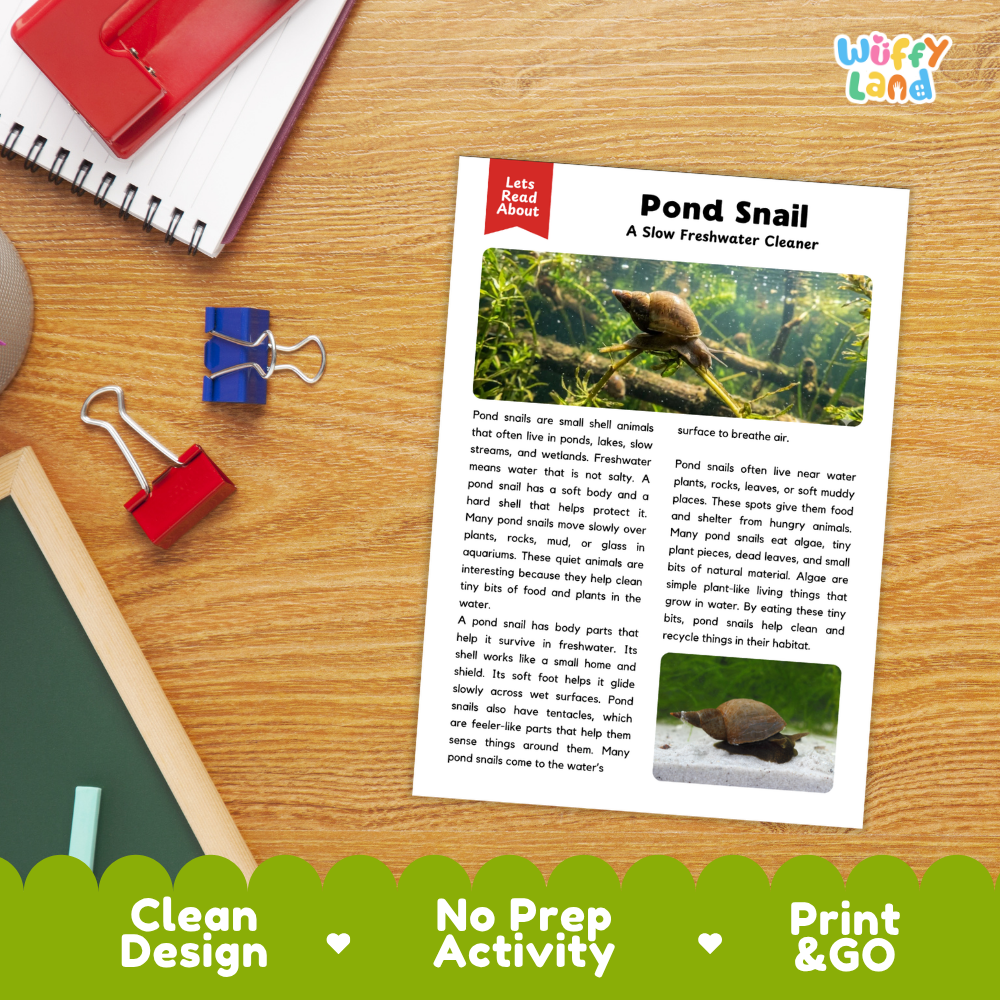 An educational activity sheet titled 'Pond Snail: A Slow Freshwater Cleaner' by Let's Read About Us, displayed on a wooden desk with a red notebook, binder clips, and a red pencil. The sheet features text and two photos of pond snails.