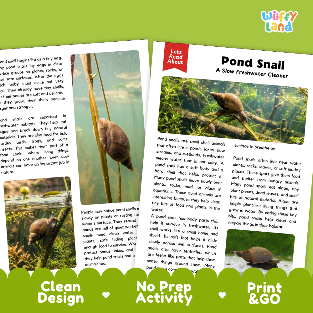 A printed educational poster about pond snails, shown alongside a small color photo of a pond snail and a second poster. The posters have a white background with green borders and text, and the brand name 'Wuffly Land' appears in the top right corner.