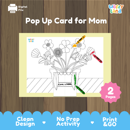 Pop up card for mom printable 3D flower bouquet Mother's Day craft activity pack overview from Wuffy Land featuring 2 pages 💐🪴