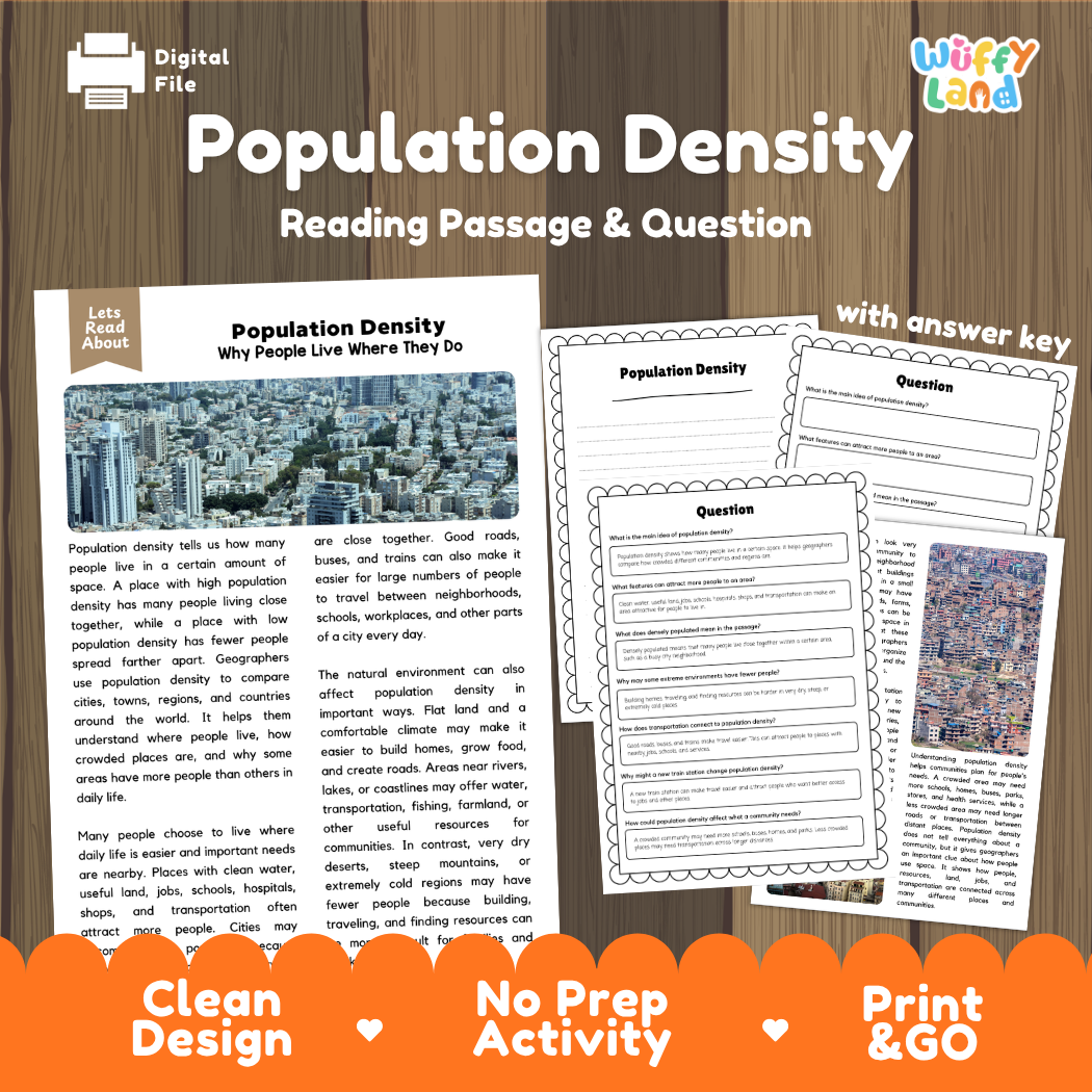 Population Density reading comprehension passage and questions printable activity pack with answer key for elementary students