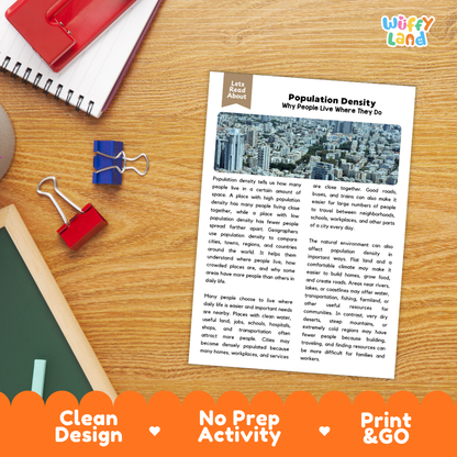 Student reading comprehension worksheet with short-answer questions and lined sections about population density