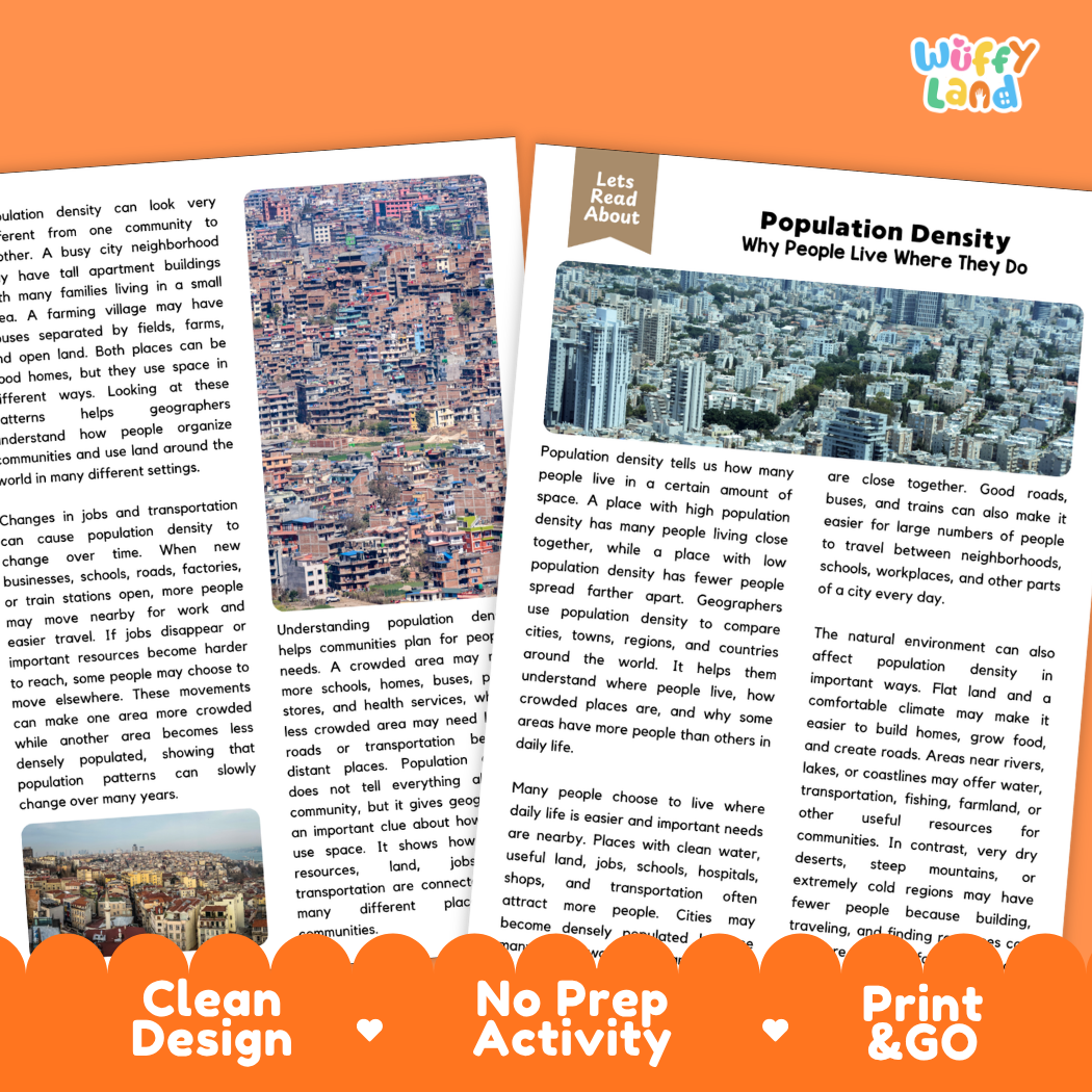 Teacher answer key page showing complete question solutions for Population Density human geography reading comprehension practice