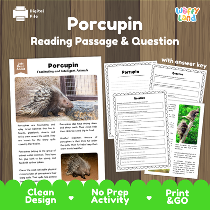 Porcupine Reading Passage and Questions Worksheets with Answer Key
