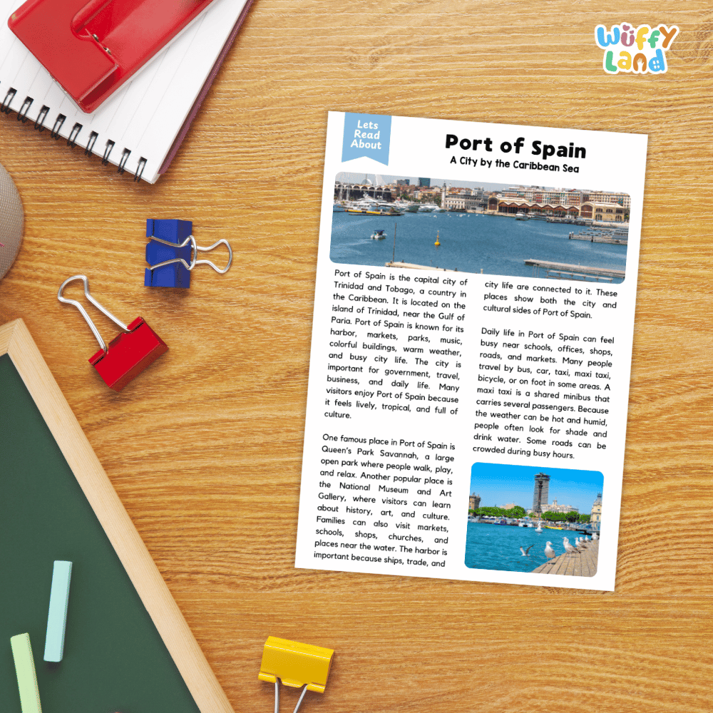 Lined reading comprehension question worksheet covering main ideas vocabulary terms and landmark facts about Port of Spain Trinidad and Tobago