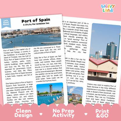 Reference sheet and answer key for Port of Spain landmark reading passage displaying completed comprehension answers and Caribbean geography facts