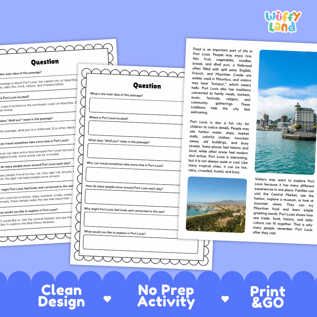 Port Louis Landmark Reading Passages and Comprehension Worksheets