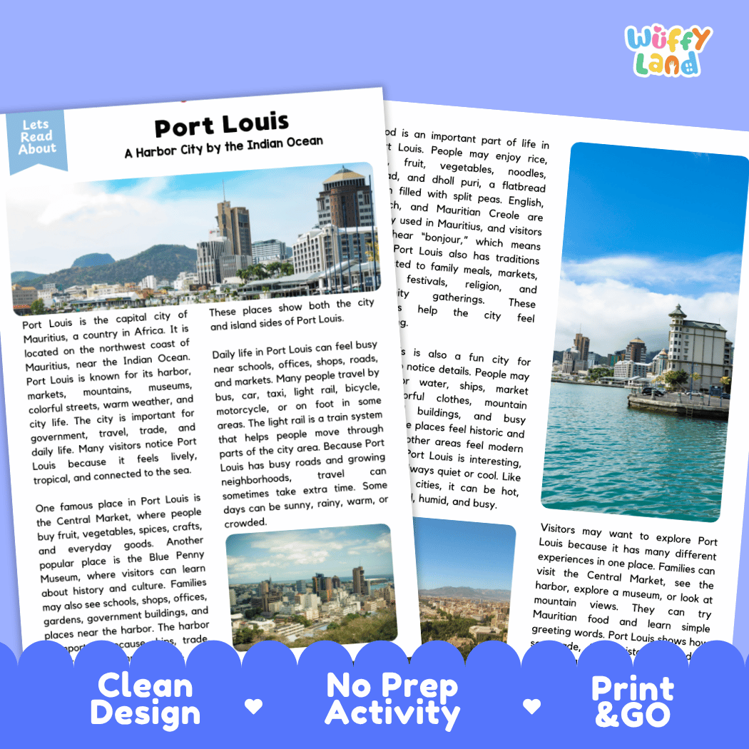 Port Louis Landmark Reading Passages and Comprehension Worksheets