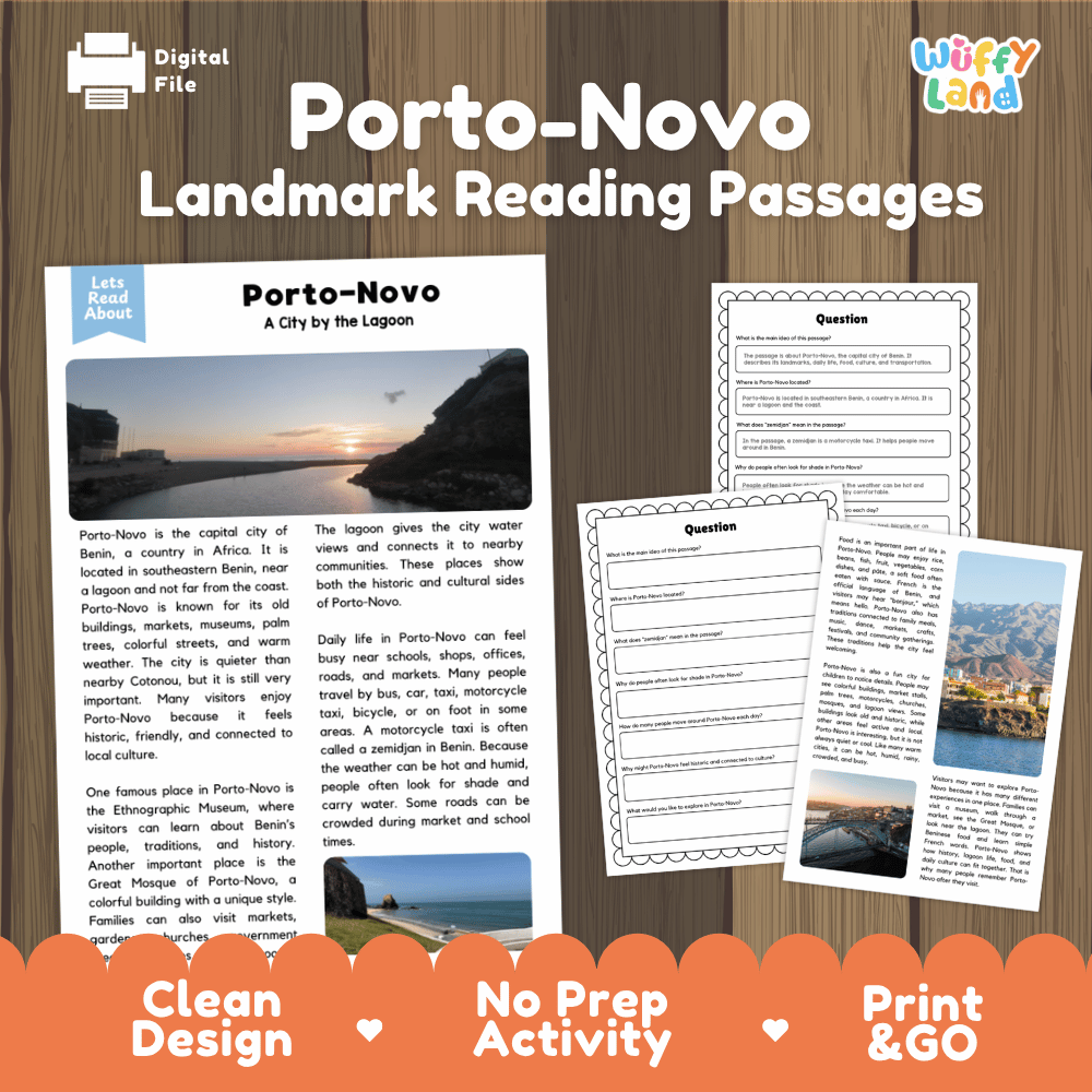 Porto-Novo landmark reading passage and comprehension worksheet educational unit featuring nonfiction text and authentic Benin lagoon sunset photography