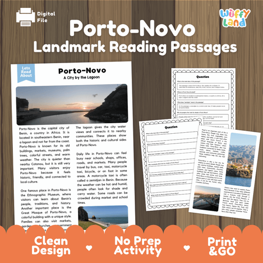 Porto-Novo landmark reading passage and comprehension worksheet educational unit featuring nonfiction text and authentic Benin lagoon sunset photography