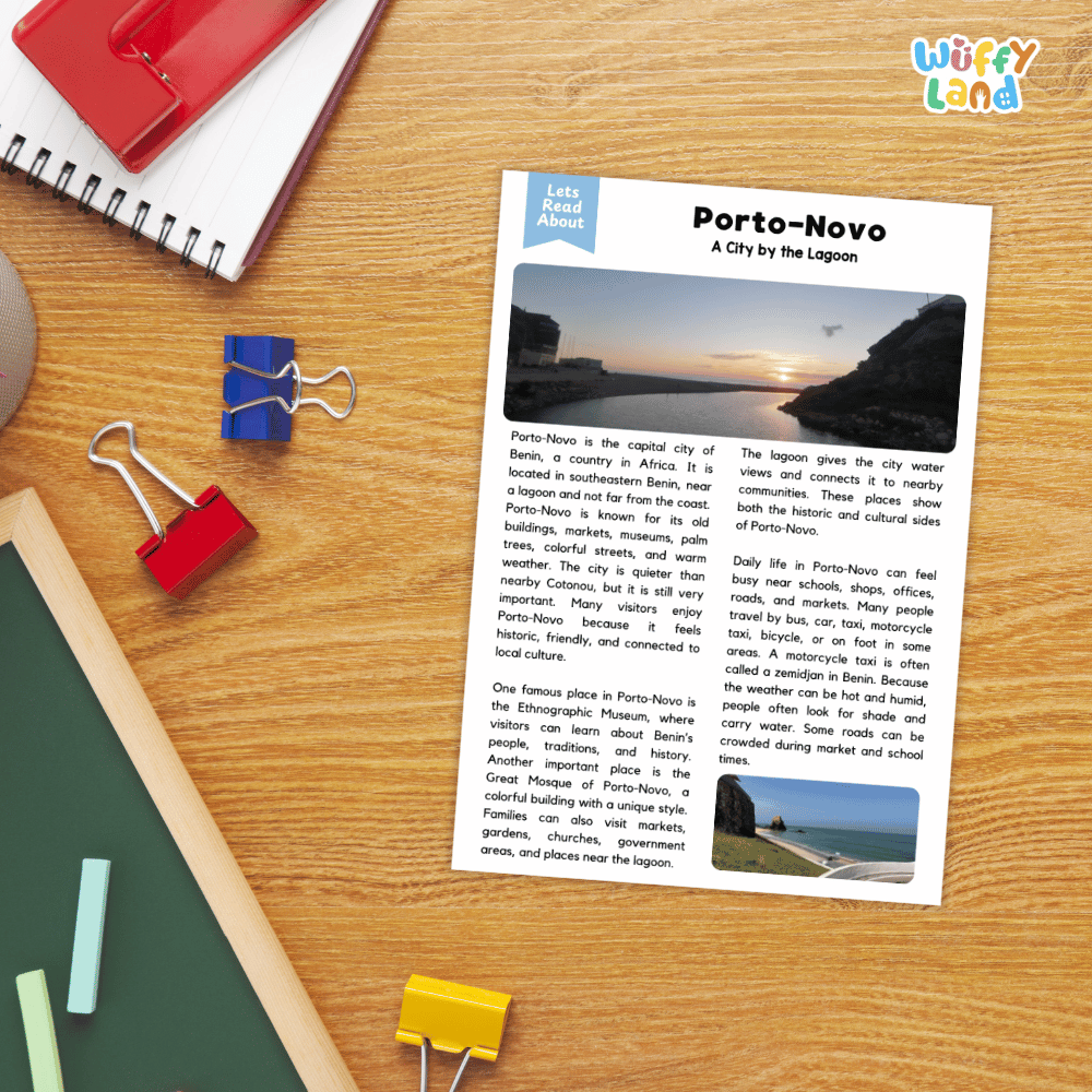 Lined reading comprehension question worksheet covering main ideas vocabulary terms and landmark facts about Porto-Novo Benin