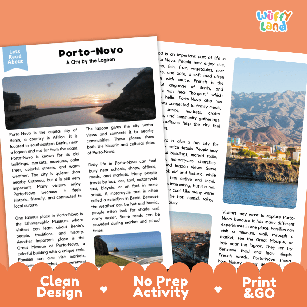 Reference sheet and answer key for Porto-Novo landmark reading passage displaying completed comprehension answers and West African geography facts