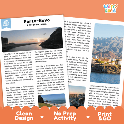 Reference sheet and answer key for Porto-Novo landmark reading passage displaying completed comprehension answers and West African geography facts