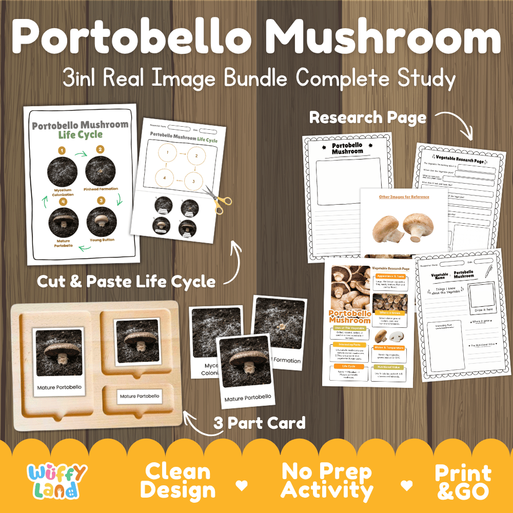 Portobello mushroom 3in1 real image bundle complete study printable featuring life cycle cut and paste worksheets, Montessori 3-part cards, and research pages
