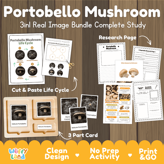 Portobello mushroom 3in1 real image bundle complete study printable featuring life cycle cut and paste worksheets, Montessori 3-part cards, and research pages