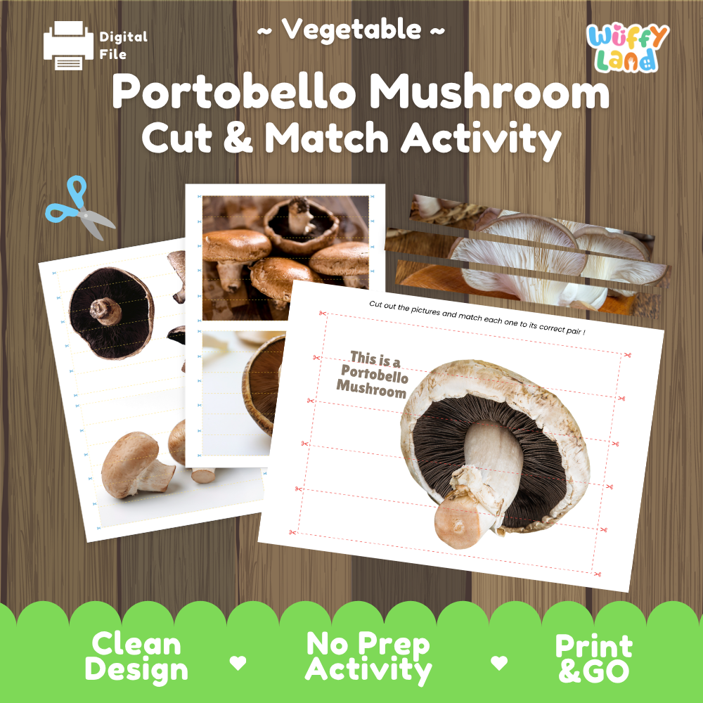 Portobello mushroom cut and match activity cover showing printable fine motor puzzle sheets and mushroom photographs