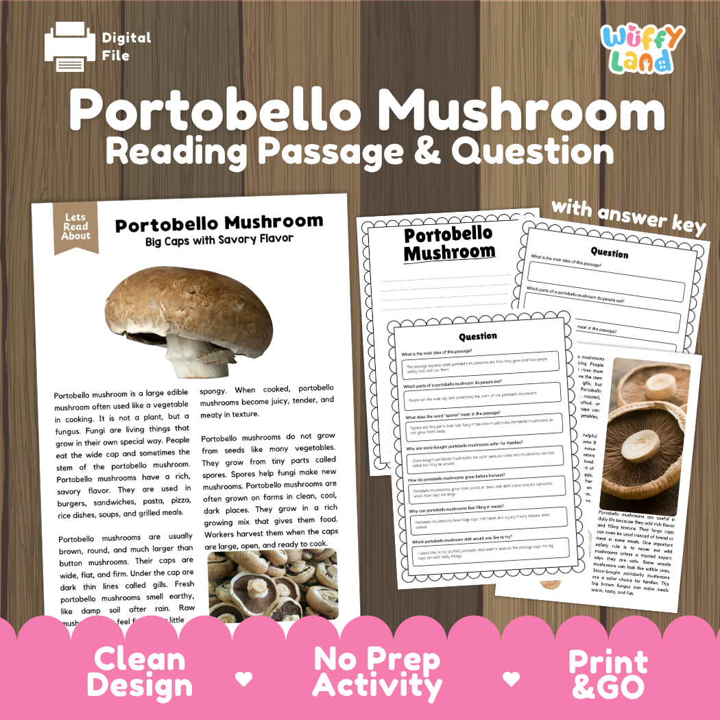 Portobello mushroom reading comprehension passage and questions printable activity pack with answer key for elementary students