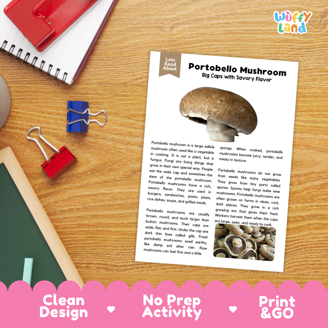 Student reading comprehension worksheet with short-answer questions and lined sections about portobello mushrooms